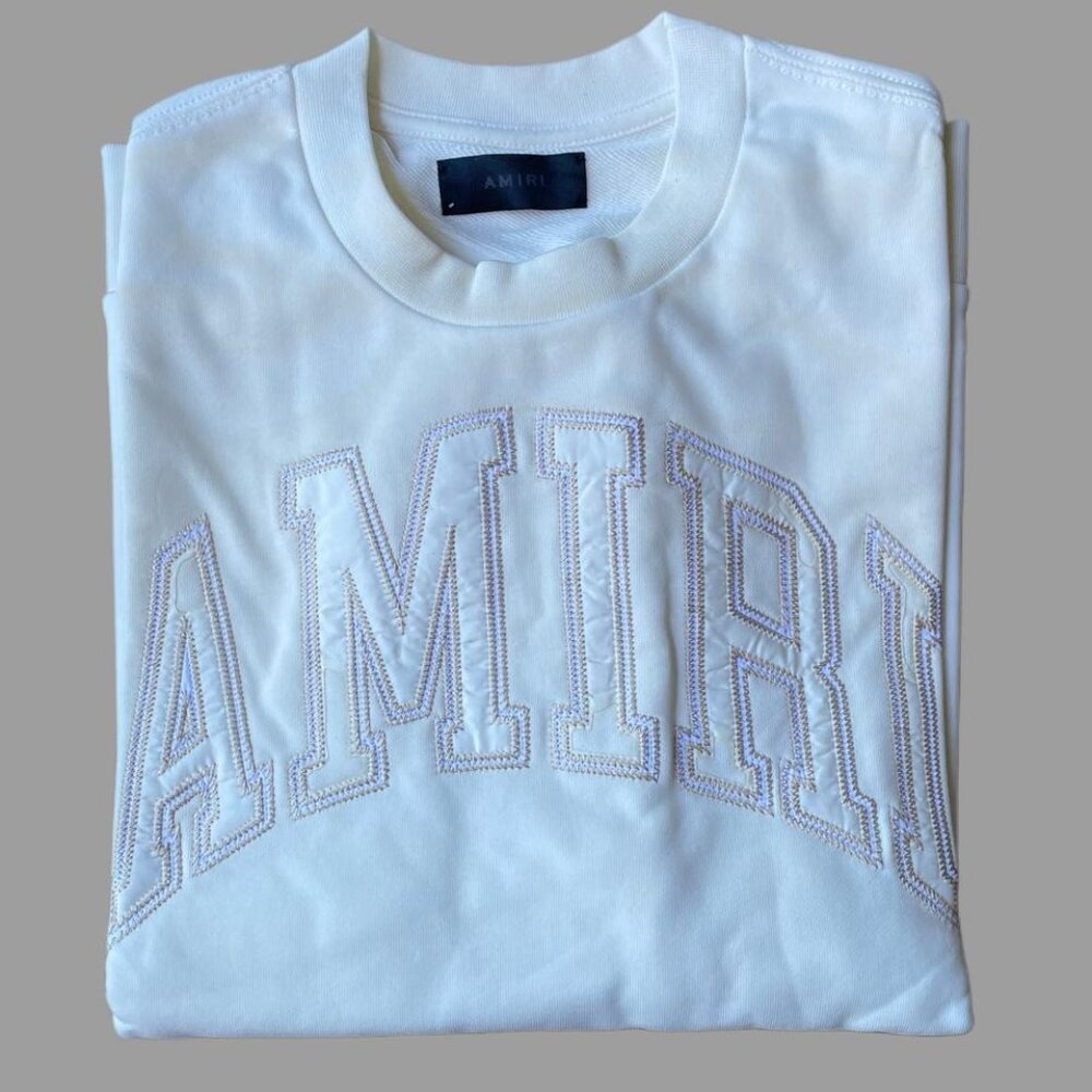Amiri Men's White Crewneck Embroidered Logo Luxury Designer Streetwear Large